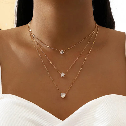 Crystal Heart Star Layered Necklace
